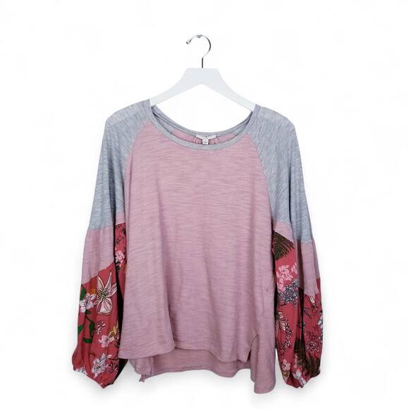 UMGEE Balloon Sleeve Pink Gray Floral Boho Oversized Pullover Top - Size S - Picture 3 of 9